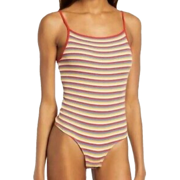 Madewell Tops - MADEWELL Rainbow Stripe Ribbed Thong Bodysuit in Windmill Stripe Kilt Red Small‌